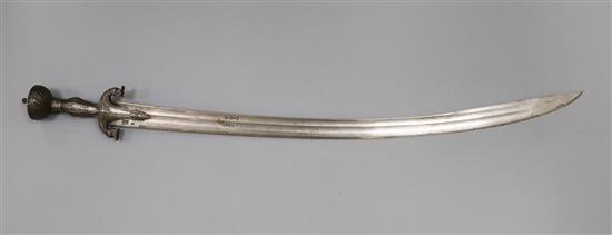 An Indian steel handled tulwar, 37in.